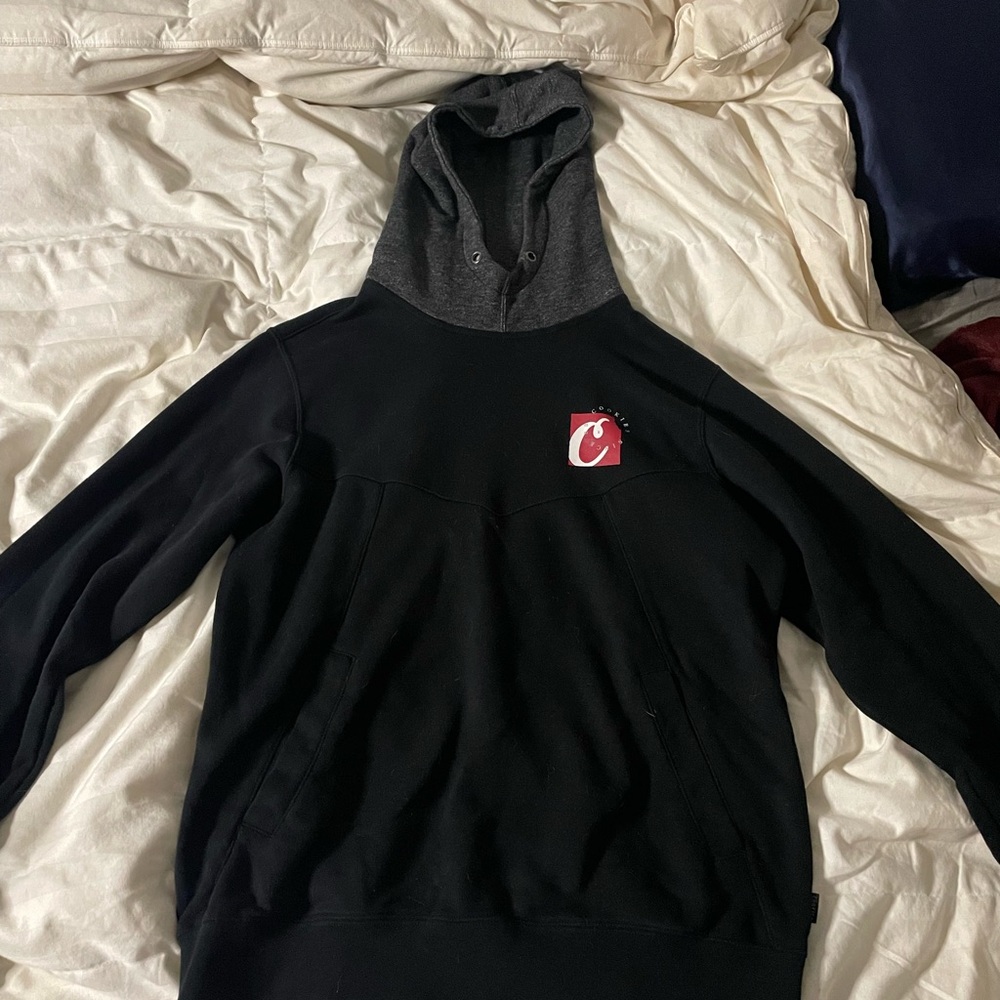 Black and Gray Hooded Sweater with Red Emblem